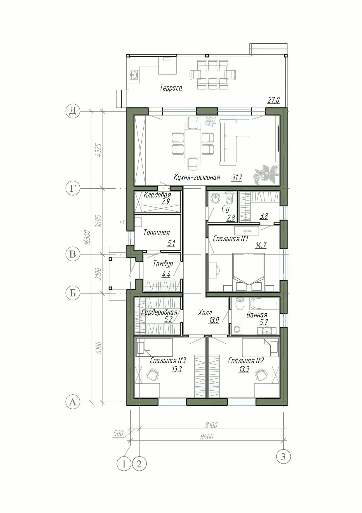 План этажа скандинавского коттеджа 120 м² - 3 спальни, кухня-гостиная, терраса, КП Форест